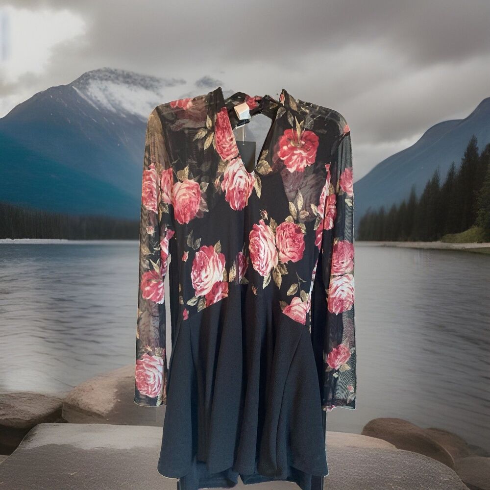 Fashion Nova Floral Reason Mesh Romper NWTS 2X New With Tags Black Pink Roses